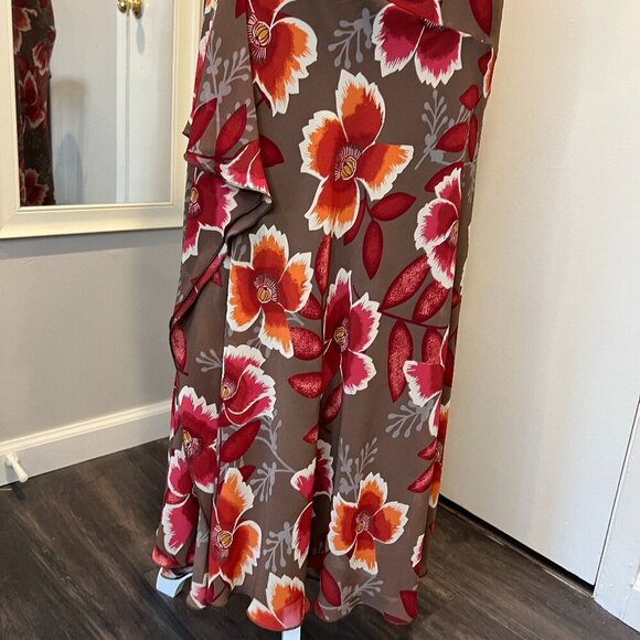 Bandolino Brown Floral Cowl Neck Ruffle Maxi Dress, Size 6 - Picture 4 of 15